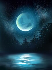 landscape of bluely moon and stars with deep fountain