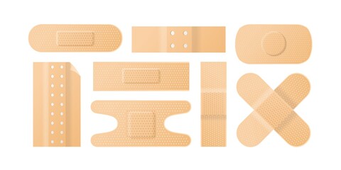 Set of realistic perforated plaster patch or tape vector illustration. Collection of first aid elements or sterile medical skin protector isolated on white. Adhesive dressings for wounds and injuries