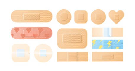Collection of sterile medical protector elements vector illustration. Bundle of perforated and adhesive sides realistic patch and plaster isolated. Flesh colored, bright, childish and girlish tape