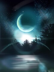 bluely moon and stars with deep fountain