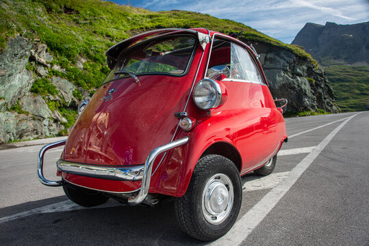 Little red Classic  BMW ISETTA 300 at the Franz Josef Heigh, at Grossglockner High Alpine Road