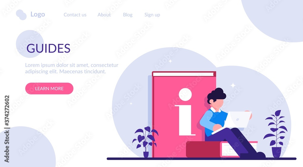Poster guides online version. man sitting on a book is studying manuals using a laptop. modern flat vector 
