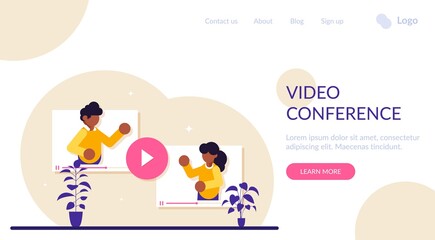 Online Video Conference concept. Man and a woman communicate via video call. How to solve work issues remotely while working, Modern flat illustration.