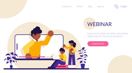 Educational web seminar, internet classes, professional personal teacher service. Webinar, digital classroom, online teaching metaphors. Modern flat illustration.