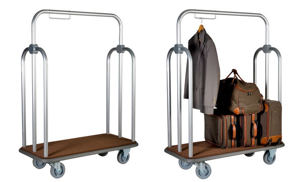 Metal hotel trolley empty and with Luggage isolated on white with clipping path