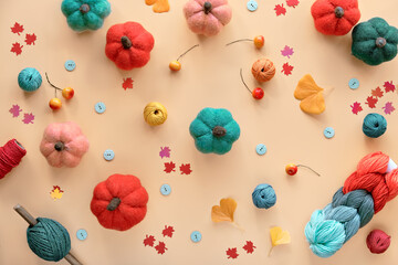 Autumn seasonal DIY wool pumpkins, wool bundle, cord and buttons. Hobby craft in Fall colors. Peach...