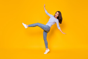 Full length body size view of her she nice attractive pretty funky clumsy slender cheerful cheery...