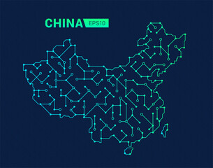 Abstract futuristic map of China. Electric circuit of the country. Technology background.