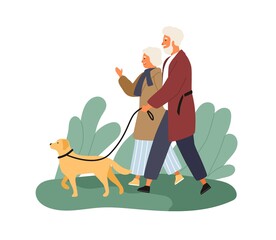 Smiling elderly couple walking with dog at park vector flat illustration. Happy mature man and woman talking spending time together outdoor isolated on white. Family enjoying promenade with pet