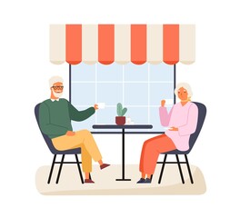 Happy elderly couple sitting at table of summer outdoor cafe vector flat illustration. Smiling mature man and woman drinking coffee or tea together isolated. Family talking spending time at cafeteria
