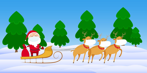 Santa Claus in medical mask riding on reindeer sleigh. Cartoon. Vector illustration.
