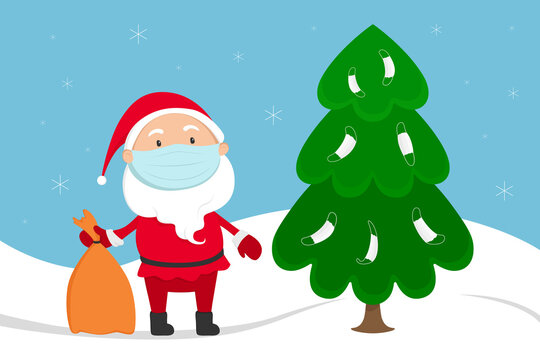 Santa Claus In Medical Mask Stand Near Christmas Tree. Cartoon. Vector Illustration.