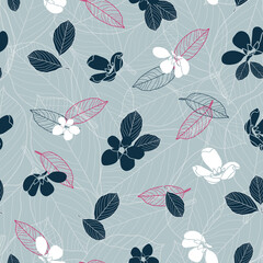 Vector navy blue flowers grey seamless pattern