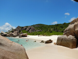 Anse Marron Beach, Seychelles. Highlighs are a Natural saltwater pool cut off from the open ocean by imposing boulder formations, beauty of the beach, beautiful sand, and the clear ocean water.