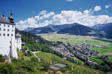 Beautiful summer landscape with ancient monastery in mountains. Benedictine Abbey of Monte Maria in...