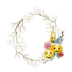 Halloween watercolor wreath. Halloween pumpkins. Halloween holiday illustration. Magic, scary, symbol of horror. Can be use in holidays design, posters, invitations card, banner