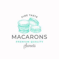 Fine Taste Macarons. Premium Quality Confectionary Abstract Sign, Symbol or Logo Template. Hand Drawn Cakes and Typography. Local Bakery Vector Emblem Concept.