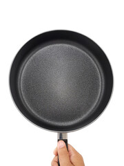 Male's hand holds frying pan. Isolated on white. Top view