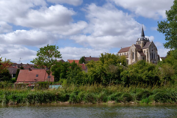 Church of Mareuil-sur-Ourcq village and Ourcq river in Seine et Marne country