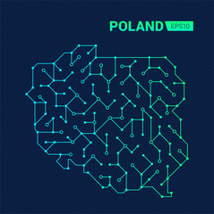 Abstract futuristic map of Poland. Electric circuit of the country. Technology background.