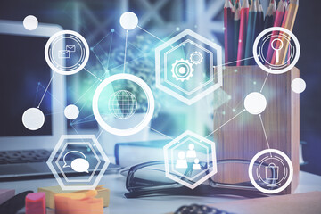 Social network theme drawing with glasses on the table background. Concept of people media connection. Double exposure.