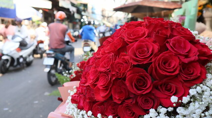 bouquet of roses at a flower market in Vietnam, Hochiminh city.