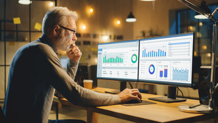 Late Evening Business Office: Creative Middle Aged Analyst Works on Desktop Computer, Doing Final Report, Working with Charts, Graphs. Modern Business Office