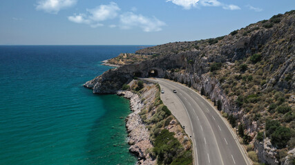 Aerial drone photo of Tunnel in Athens riviera seaside road known as hole of Karamanlis or 