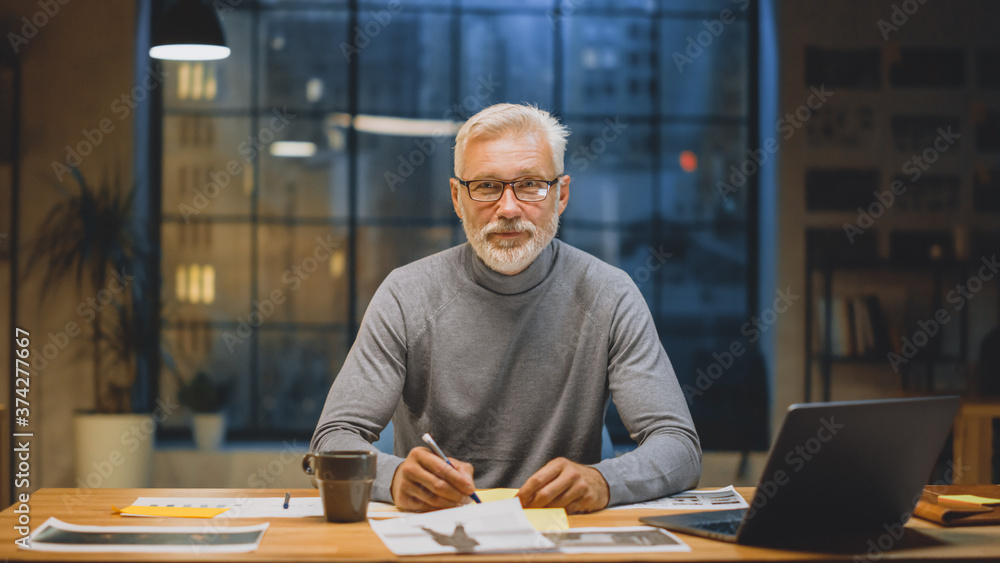 Poster portrait of the handsome and successful middle aged bearded businessman working at his desk using la