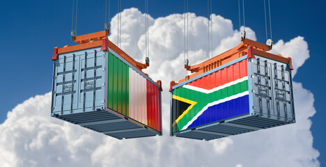Freight containers with Italy and South Africa national flags. 3D Rendering 