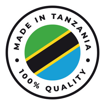 Vector circle symbol. Text Made in Tanzania with flag. Isolated on white background.