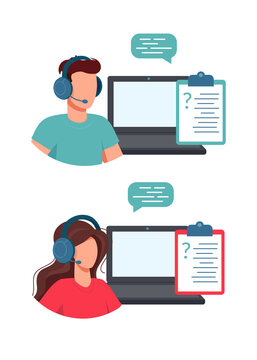 Technical support specialists. Man and woman administrators on the phone. Their equipment is headphones, microphones, laptops. Vector illustration.