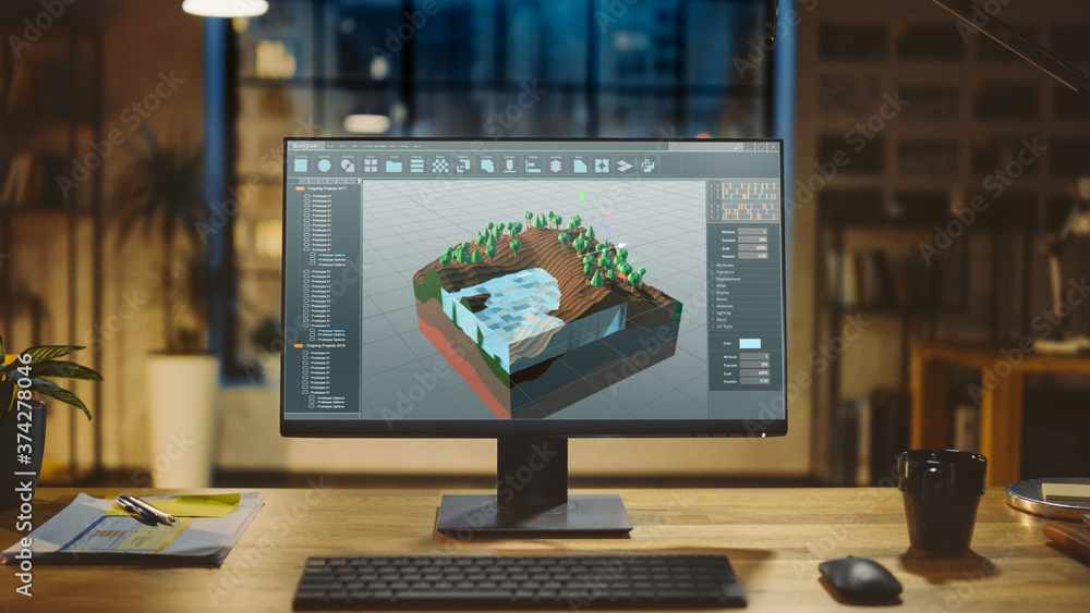 Poster Shot of a Desktop Computer with 3D Video Game Level Development Software in the Modern Office. Stylish Creative Studio Office.