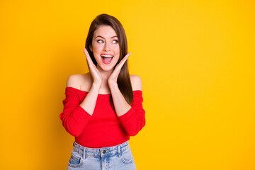 Photo of charming cute crazy young girl astonished open mouth raised hands face palms discount...