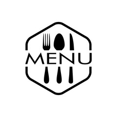 Logotipo lineal palabra Menu con cubiertos en hexágono en color negro