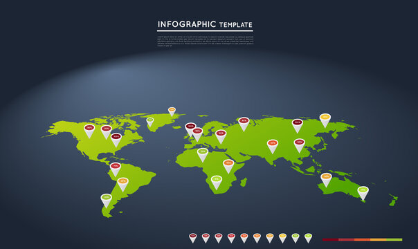 infographic world map with pointers. High to low percentage graph