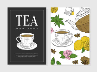Tea Natural Product Card Template, Cafe, Restaurant Menu or Tea Shop Design Element, Flyer, Certificate, Invitation Card Vector Illustration