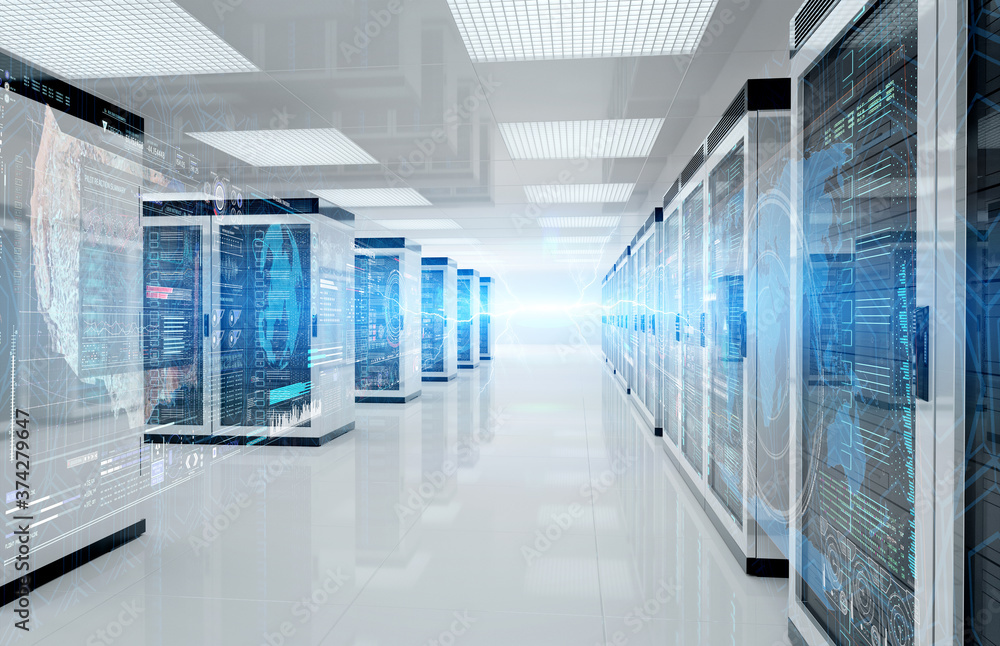 Poster servers data center room with storage systems and digital graphs and charts 3d rendering
