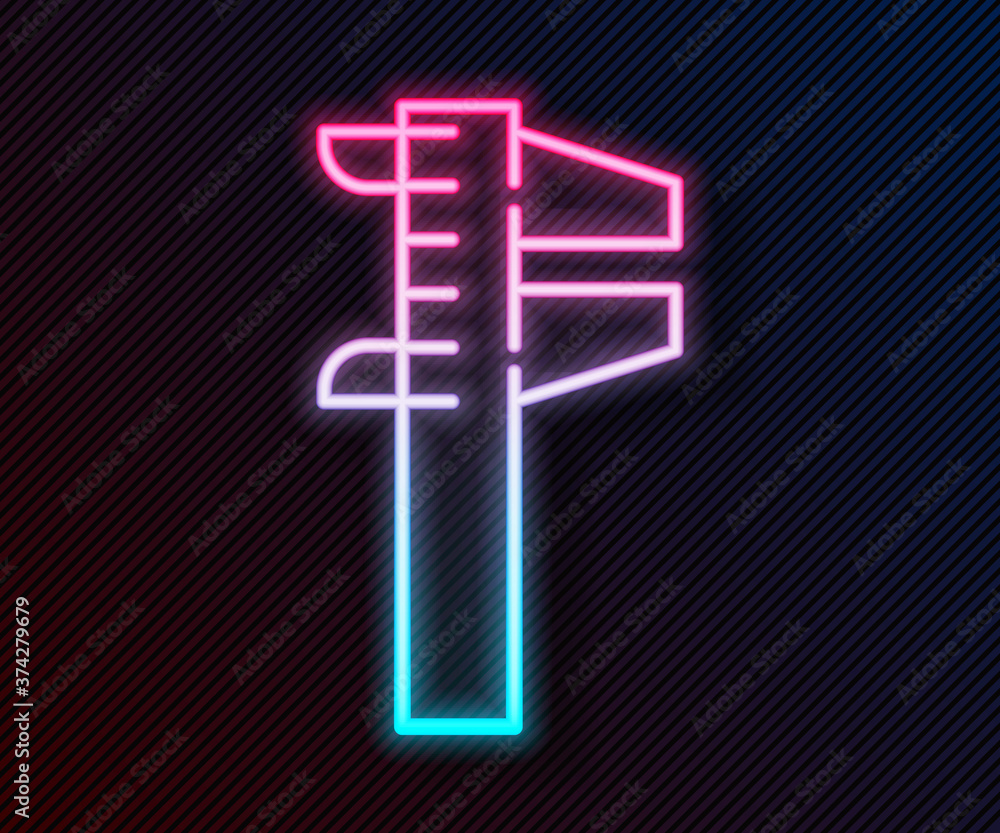Poster glowing neon line calliper or caliper and scale icon isolated on black background. precision measuri