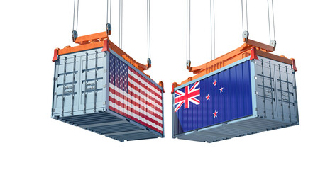 Freight containers with USA and New Zealand flag. 3D Rendering 