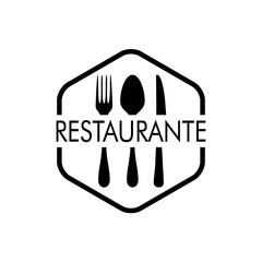 Logotipo lineal palabra Restaurante en español con cubiertos en hexágono en color negro