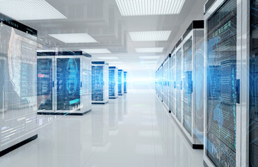 Servers data center room with storage systems and digital graphs and charts 3D rendering - obrazy, fototapety, plakaty