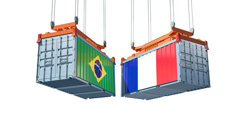 Freight containers with Brazil and France flag. 3D Rendering 
