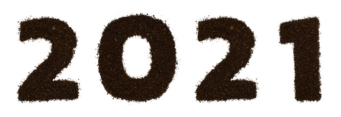 Numeral 2021 text made of ground coffee isolated on white. Flat lay, top view