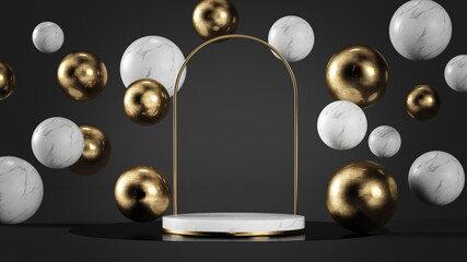 Luxury white marble and gold surrounded by spheres
