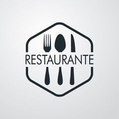 Logotipo lineal palabra Restaurante en español con cubiertos en hexágono en fondo gris