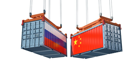 Freight containers with Russia and China flag. 3D Rendering 