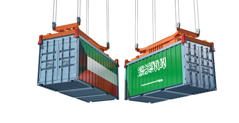 Freight containers with Kuwait and Saudi Arabia flag. 3D Rendering 