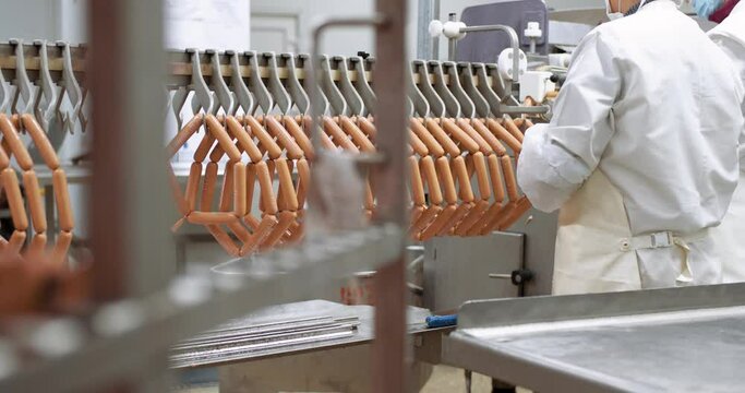 Food industry, meat production, woman workers in protective uniforms at work, the production process and packaging of sausages, quality control of ready products.