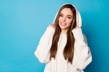 Portrait of charming attractive girl have her hood on head enjoy fall spring weather wear good look...